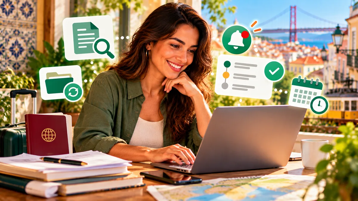 Mulher sorridente ao portátil numa esplanada em Lisboa, com passaporte, mala de viagem e mapa sobre a mesa, rodeada de ícones de documentos, pastas, notificações, etapas e calendário
