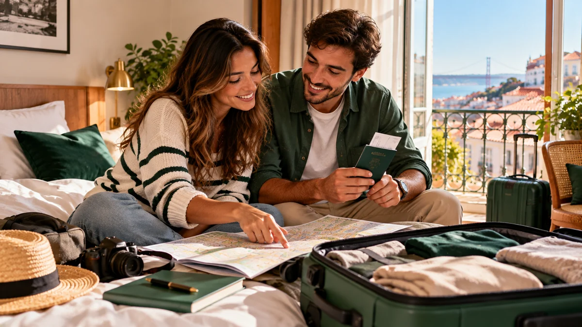 Casal a planear a estadia com um mapa e um passaporte, sentado na cama de um quarto em Lisboa, com uma mala de viagem aberta e a Ponte 25 de Abril ao fundo