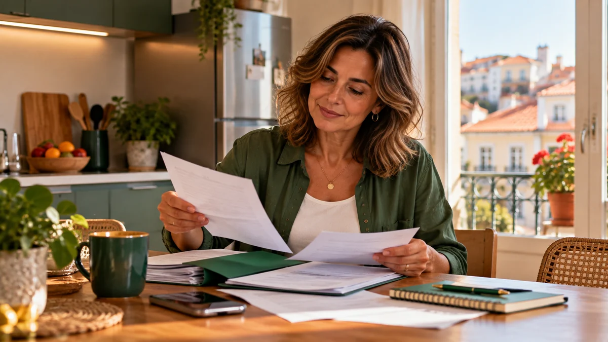 Mulher a rever documentos à mesa da cozinha, com uma pasta verde, um caderno e o telemóvel, junto a uma janela com vista para Lisboa